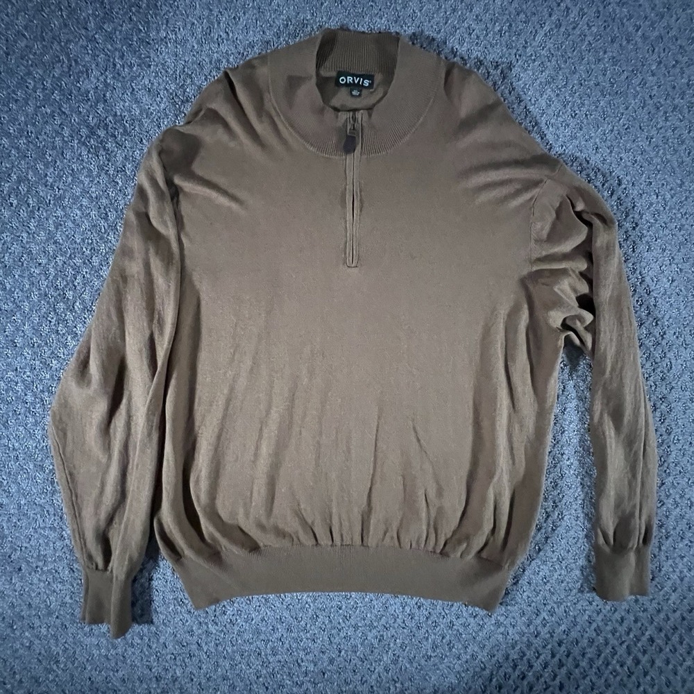 Orvis Sweater Mens Size XXL Brown Cashmere Silk Blend 1/4 Zip‎ Pullover Shirt